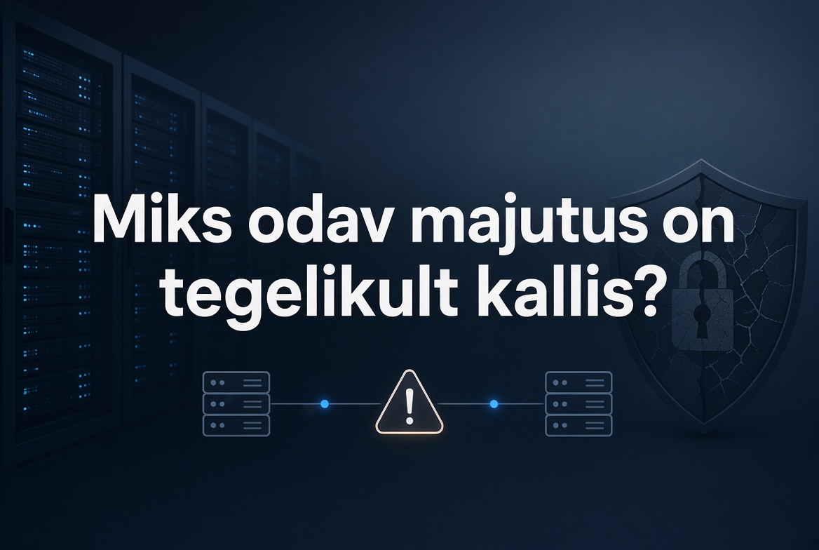Hämarad serveririiulid, hoiatusmärk ja mõranenud turvakilp, pealkiri „Miks odav majutus on tegelikult kallis?“.