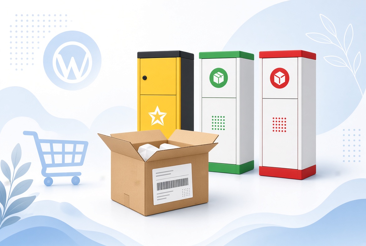 Kollane SmartPosti, roheline Omniva ja punane DPD pakiautomaat lahtise pakikarbi ja WooCommerce'i logo kõrval.